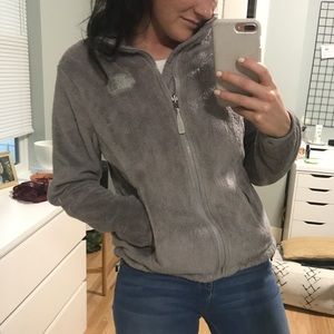 Grey fuzzy north face zip-up